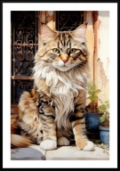 KOLOROWY PLAKAT A2 KOTY SIEDZĄCE POD DRZWAMI, BURSZTYNOWY KOT DRZWI WITRAŻE