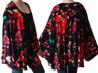 JOANNA HOPE Plus Size**Kolorowa Narzutka Kimono**Czarna w Kwiaty Motyle