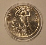 100 KORON 1918 - 1948 - CZECHY, CZECHOSŁOWACJA, SREBRO, BARDZO ŁADNY STAN