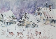 Akwarela Obraz Pejzaż zimowy