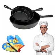 Zestaw 3 żeliwnych patelni + 2 rękawice kuchenne z magnesem