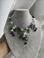 Naszyjnik - białe i fioletowe kwiatki - rękodzieło, stal nierdzewna