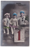 Dzieci dziewczynki chłopiec ok.1918r. Nowy Rok Kolorowana g405