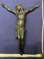 duża piękna, stara rzeźba Jezusa ukrzyżowanego, około XIX w., cyna z patyną