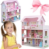 Duży drewniany domek dla lalek z mebelkami i tarasem W06A139`