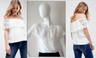 Bluzka hiszpanka 34 XS biała koronkowa falbana tiul gipiura haft falbana