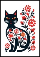 A2 OBRAZ PLAKAT Z KOTEM, CZARNY KOT WŚRÓD CZERWONYCH KWIATÓW STYL FOLKOWY