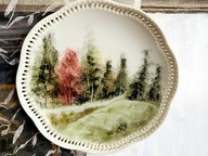 KRAJOBRAZ na porcelanie, sygnowany.Brzozy.20,5cm.