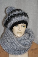 KOMPLET CZAPKA komin L RĘKODZIEŁO MOHER popiel