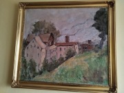 Obraz z pejzażem w tle z pozłacaną ramą i ornamentami barokowymi