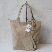 Torebka shopper Vera Pelle zamsz beżowa