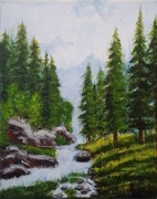 OBRAZ RĘCZNIE MALOWANY PEJZAŻ AKRYLOWY "ŚWIERKOWA ŚCIANA" - 24x30cm