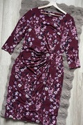 Sukienka elegancka koktajlowa midi Damart burgundowa dopasowana 42/44 kwiat
