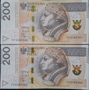 2x Banknot 200 zł (złotych) kolejne numery