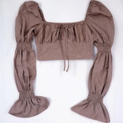 Czekoladowy crop top boho | Bufiaste rękawy | Wiązanie | Hiszpanka