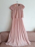 Długa Sukienka Maxi Plisowana + top 2w1 Koronka Pudrowy Róż L XL