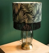 Stylowy abażur z frędzlami- wzór liści, granatowy / butelkowa zieleń, 31 cm