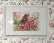 Ptaszek na gałązce kwitnącego drzewa, vintage - oryginał z ramką.