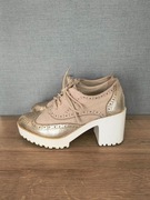 beżowo-złote botki półbuty trzewiki na stabilnym obcasie klocku słupku * 37