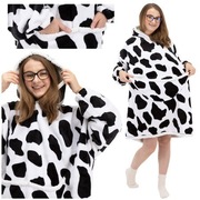 Bluza koc 2w1 damska ciepła oversize z kapturem futrzak czarno-biała