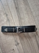 Pasek na talię eko skóra gumka srebrne okucia czarny goth vintage M