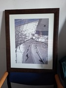 Zdjęcie, zachód słońca na jachcie, w ramie 