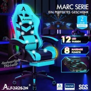 Fotel Gamingowy RGB LED z Masażem 8-Punktowym Podnóżek Ergonomiczny