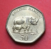 50 Szylingów  1996 r  - Tanzania  Nosorożce   stan  !!!   