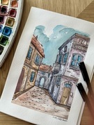 Ręcznie malowany obrazek akwarelowy – Kamienice, oryginał