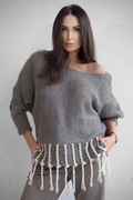 Sweter damski Minouu szary z frędzlami 