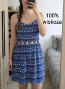 Sukienka mini niebieska wiskoza M L boho wycięcia wzór orientalny H&M