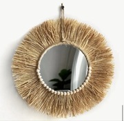 Lustro Okrągłe BOHO Makrama Rattan Trawa Morska 33cm Koraliki Słoma