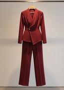 Elegancki komplet bordowy damski elegancki biurowy spodnie marynarka