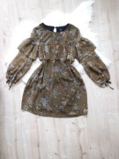 sukienka, rozm. L, luźny krój, oversize, falbanka, oliwkowa, kwiaty, modna