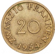 NIEMCY - SARRA (SARLAND) 20 franków 1954, KM# 2, XF