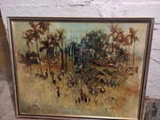 Obraz olejny Afryka wioska palmy 68 cm x 96 cm + drewniana rama  unikat