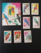 zestaw znaczków - Mongolia papugi 1990; Mi 2182-2188 + BL155