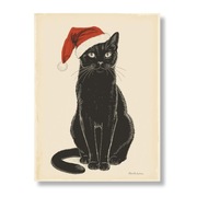 Plakat Czarny Kot w czapce Mikołaja, ilustracja w stylu Vntage, 40x50cm