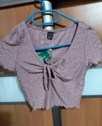 SHEIN – ażurowy crop top wiązany z przodu | pudrowy róż | XS/S