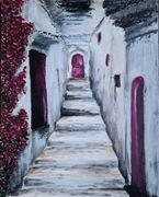 Grecka Uliczka Obraz Olejny 40x50 Schody Różowe Grecja Faktura Wakacje