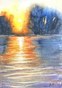 Zachód słońca w ciszy. Akwarela original A4