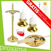 ZŁOTY KOMPLET KOLĘDOWY Papieski - Krzyż Świeczniki Kropidło Miska na Kolędę