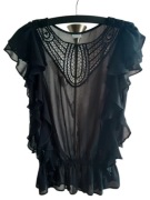 Nowa Piękna Czarna bluzka boho falbany haft M 38 stylowa casual vintage