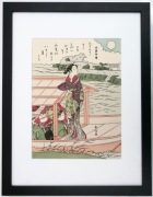 Piękna gejsza na łodzi  -  drzeworyt japoński 