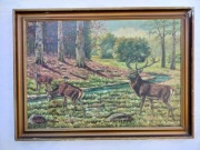 Stary obraz na płótnie sygnowany myśliwski jelenie  .