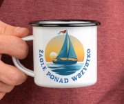 Kubek emaliowany - Żagle ponad wszystko, personalizacja