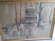 Stary  obraz pejzaż zimowy - akwarela na papierze. Sygnowany.