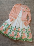 Przepiękna sukienka American Princess Kremowa Perełki + sweterek 7-8 l.