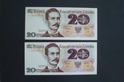 2 x 20 złotych 1982 r. - ser. L - RZADSZA - UNC - KOLEJNE NUMERY