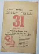 Kartka z kalendarza z 31.01.1982 r. Metryczka urodzin, itp. !! ORYGINALNA !